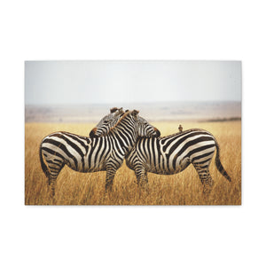 Safari Zebra Canvas Wall Art 24x16 - Wildlife Photography with Bird on Back, African Animal Print, Rustic Modern Wall Decor