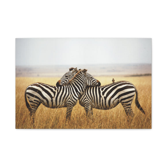 Safari Zebra Canvas Wall Art 24x16 - Wildlife Photography with Bird on Back, African Animal Print, Rustic Modern Wall Decor