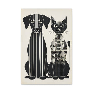 Paw-sitive Symmetry | Modern Geometric Dog & Cat Duo – Black and White Maze-Inspired 16x24 Canvas Framed Wall Art