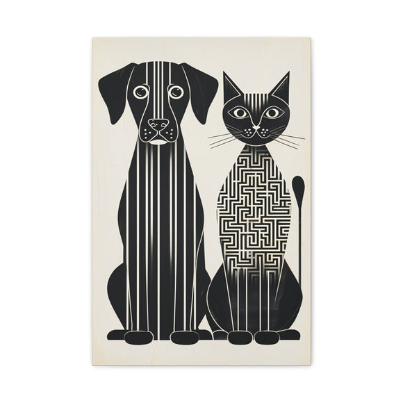 Paw-sitive Symmetry | Modern Geometric Dog & Cat Duo – Black and White Maze-Inspired 16x24 Canvas Framed Wall Art