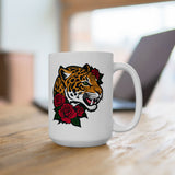 Jaguar and Roses Coffee Mug - 11/15 oz Ceramic Cup with Fierce Leopard Art, Bold Tattoo Style Gift for Animal & Big Cat Lovers