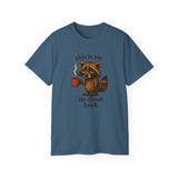 Funny Raccoon Coffee "I'm Tired Look" T-Shirt - Cute Animal Graphic Tee, Humor Gift for Coffee Lovers, Lazy Day Outfit for Men & Women