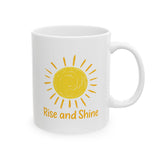 Rise and Shine Coffee Mug - 11oz/15oz Ceramic Morning Mug with Sun Graphic - Inspirational Gift for Women, Men, Friends