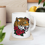 Jaguar and Roses Coffee Mug - 11/15 oz Ceramic Cup with Fierce Leopard Art, Bold Tattoo Style Gift for Animal & Big Cat Lovers