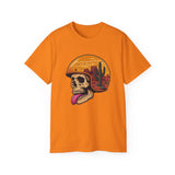 Desert Skull Graphic T-Shirt - Edgy Surreal Art Tee with Helmet Sunset Scene, Cactus Landscape, Punk Rock Streetwear