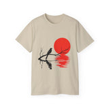 Minimalist Crow T-Shirt – Sunset Bird on Branch Design – Aesthetic Nature Graphic Tee – Japanese Style Shirt for Men & Women