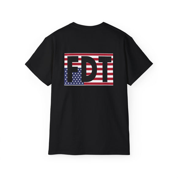 FDT Upside Down USA Flag Back, Freedom Democracy Truth Front - Patriotic Political Statement Tee American Flag
