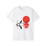 Minimalist Crow T-Shirt – Sunset Bird on Branch Design – Aesthetic Nature Graphic Tee – Japanese Style Shirt for Men & Women