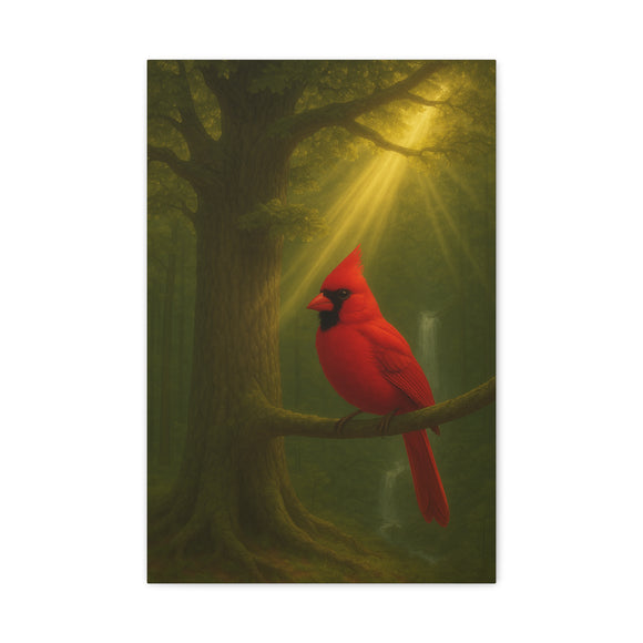 Radiant Red Cardinal in Enchanted Forest - Sunlight Through Majestic Oak Tree - 16x24 Nature Canvas Wall Art for Home Décor