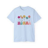 Mother's Day Flower MOMMA T-Shirt - Cute Colorful Floral Tee for Mom, Mama, Mommy Gift, Spring Boho Shirt, Women's Graphic Top