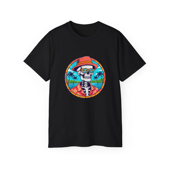 Skeleton Hawaiian T-Shirt - Funny Tropical Beach Sunset Tee - Cool Summer Vacation Shirt - Retro Fedora Graphic Tee - Halloween