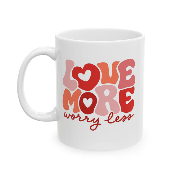 Love More Worry Less Coffee Mug - Positive Inspirational Quote Cup, Gift for Women, Friends, Couples, Valentine's Day
