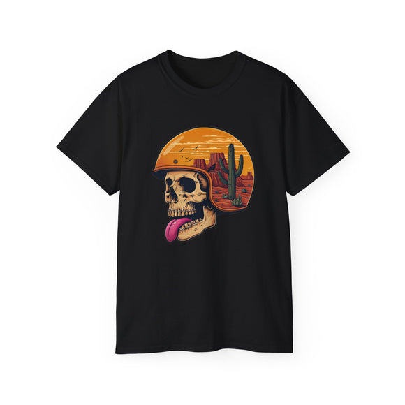 Desert Skull Graphic T-Shirt - Edgy Surreal Art Tee with Helmet Sunset Scene, Cactus Landscape, Punk Rock Streetwear