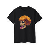 Desert Skull Graphic T-Shirt - Edgy Surreal Art Tee with Helmet Sunset Scene, Cactus Landscape, Punk Rock Streetwear