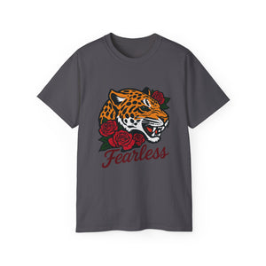 Fearless Jaguar T-Shirt - Wild Animal Graphic Tee with Roses, Bold Big Cat Design, Leopard Shirt for Men Women Streetwear