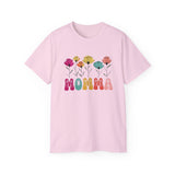 Mother's Day Flower MOMMA T-Shirt - Cute Colorful Floral Tee for Mom, Mama, Mommy Gift, Spring Boho Shirt, Women's Graphic Top