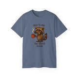 Funny Raccoon Coffee "I'm Tired Look" T-Shirt - Cute Animal Graphic Tee, Humor Gift for Coffee Lovers, Lazy Day Outfit for Men & Women