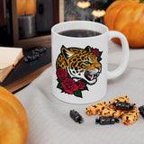 Jaguar and Roses Coffee Mug - 11/15 oz Ceramic Cup with Fierce Leopard Art, Bold Tattoo Style Gift for Animal & Big Cat Lovers