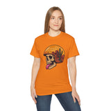 Desert Skull Graphic T-Shirt - Edgy Surreal Art Tee with Helmet Sunset Scene, Cactus Landscape, Punk Rock Streetwear