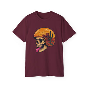 Desert Skull Graphic T-Shirt - Edgy Surreal Art Tee with Helmet Sunset Scene, Cactus Landscape, Punk Rock Streetwear