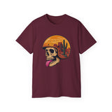 Desert Skull Graphic T-Shirt - Edgy Surreal Art Tee with Helmet Sunset Scene, Cactus Landscape, Punk Rock Streetwear