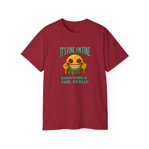 Funny Creepy Smile Emoji T-Shirt - It's Fine I'm Fine Everything Is Fine Really - Sarcastic Horror Face Graphic Tee Unisex