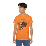 Desert Skull Graphic T-Shirt - Edgy Surreal Art Tee with Helmet Sunset Scene, Cactus Landscape, Punk Rock Streetwear