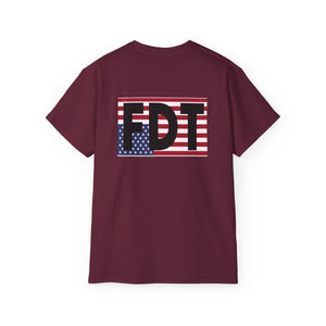 FDT Upside Down USA Flag Back, Freedom Democracy Truth Front - Patriotic Political Statement Tee American Flag