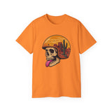 Desert Skull Graphic T-Shirt - Edgy Surreal Art Tee with Helmet Sunset Scene, Cactus Landscape, Punk Rock Streetwear