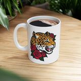 Jaguar and Roses Coffee Mug - 11/15 oz Ceramic Cup with Fierce Leopard Art, Bold Tattoo Style Gift for Animal & Big Cat Lovers