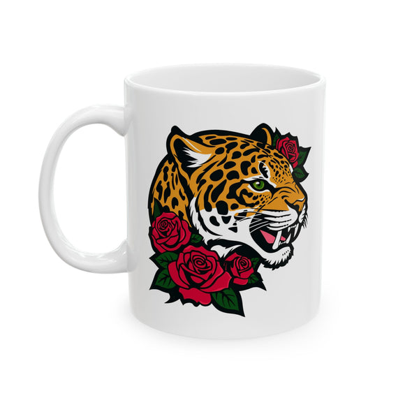 Jaguar and Roses Coffee Mug - 11/15 oz Ceramic Cup with Fierce Leopard Art, Bold Tattoo Style Gift for Animal & Big Cat Lovers