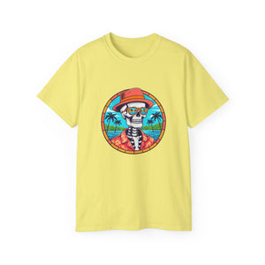 Skeleton Hawaiian T-Shirt - Funny Tropical Beach Sunset Tee - Cool Summer Vacation Shirt - Retro Fedora Graphic Tee - Halloween