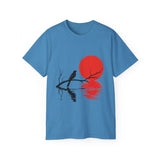 Minimalist Crow T-Shirt – Sunset Bird on Branch Design – Aesthetic Nature Graphic Tee – Japanese Style Shirt for Men & Women