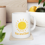Rise and Shine Coffee Mug - 11oz/15oz Ceramic Morning Mug with Sun Graphic - Inspirational Gift for Women, Men, Friends