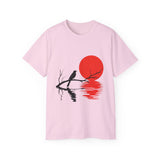 Minimalist Crow T-Shirt – Sunset Bird on Branch Design – Aesthetic Nature Graphic Tee – Japanese Style Shirt for Men & Women