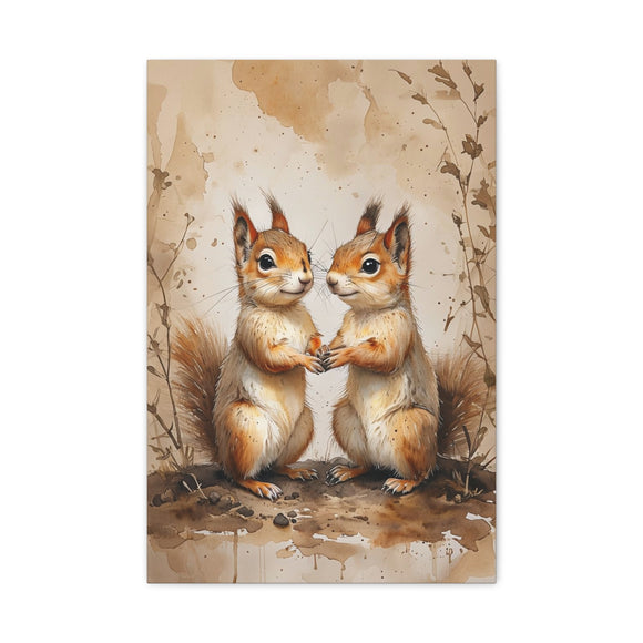 Cute Woodland Squirrels Holding Hands | Watercolor Animal Print | Nursery Wall Art | Forest Wildlife Decor | Canvas Wall Art