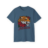 Fearless Jaguar T-Shirt - Wild Animal Graphic Tee with Roses, Bold Big Cat Design, Leopard Shirt for Men Women Streetwear