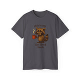 Funny Raccoon Coffee "I'm Tired Look" T-Shirt - Cute Animal Graphic Tee, Humor Gift for Coffee Lovers, Lazy Day Outfit for Men & Women