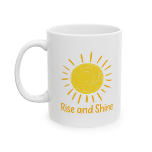 Rise and Shine Coffee Mug - 11oz/15oz Ceramic Morning Mug with Sun Graphic - Inspirational Gift for Women, Men, Friends