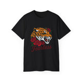 Fearless Jaguar T-Shirt - Wild Animal Graphic Tee with Roses, Bold Big Cat Design, Leopard Shirt for Men Women Streetwear