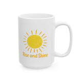 Rise and Shine Coffee Mug - 11oz/15oz Ceramic Morning Mug with Sun Graphic - Inspirational Gift for Women, Men, Friends