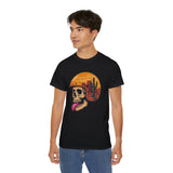 Desert Skull Graphic T-Shirt - Edgy Surreal Art Tee with Helmet Sunset Scene, Cactus Landscape, Punk Rock Streetwear
