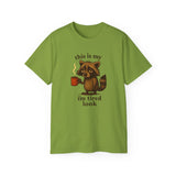Funny Raccoon Coffee "I'm Tired Look" T-Shirt - Cute Animal Graphic Tee, Humor Gift for Coffee Lovers, Lazy Day Outfit for Men & Women