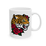 Jaguar and Roses Coffee Mug - 11/15 oz Ceramic Cup with Fierce Leopard Art, Bold Tattoo Style Gift for Animal & Big Cat Lovers