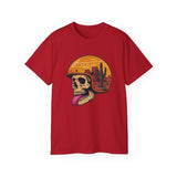 Desert Skull Graphic T-Shirt - Edgy Surreal Art Tee with Helmet Sunset Scene, Cactus Landscape, Punk Rock Streetwear