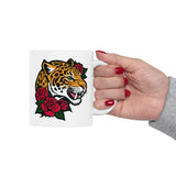Jaguar and Roses Coffee Mug - 11/15 oz Ceramic Cup with Fierce Leopard Art, Bold Tattoo Style Gift for Animal & Big Cat Lovers