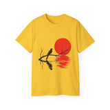 Minimalist Crow T-Shirt – Sunset Bird on Branch Design – Aesthetic Nature Graphic Tee – Japanese Style Shirt for Men & Women