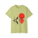 Minimalist Crow T-Shirt – Sunset Bird on Branch Design – Aesthetic Nature Graphic Tee – Japanese Style Shirt for Men & Women