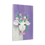 Whimsical Cow Canvas Wall Art - 16x24 Farmhouse Animal Print with Floral Crown on Purple Background - Cute Rustic Home Décor