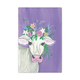Whimsical Cow Canvas Wall Art - 16x24 Farmhouse Animal Print with Floral Crown on Purple Background - Cute Rustic Home Décor